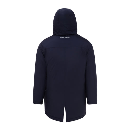 Navy blue parka jacket with a hood on a white background