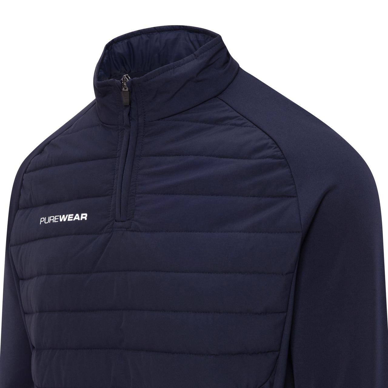 Navy blue puffer jacket with 'PUREWEAR' logo on a white background