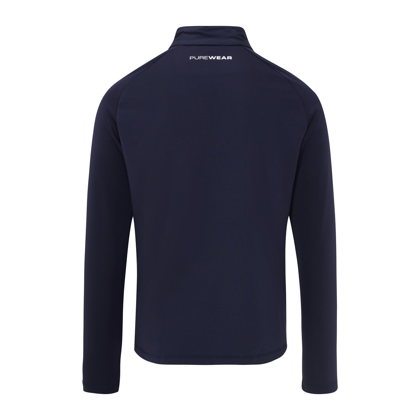 Navy blue pullover with 'PUREWEAR' branding on the back against a white background