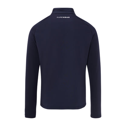 Navy blue pullover with 'PUREWEAR' branding on the back against a white background