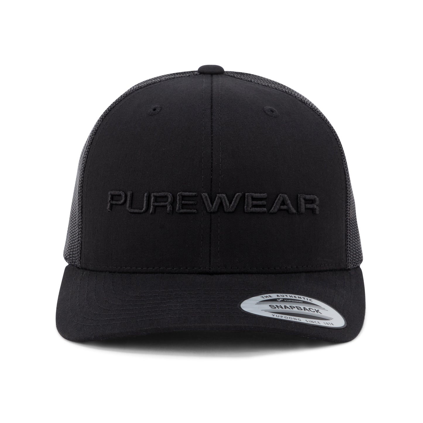 Black cap with 'PUREWEAR' logo on a white background