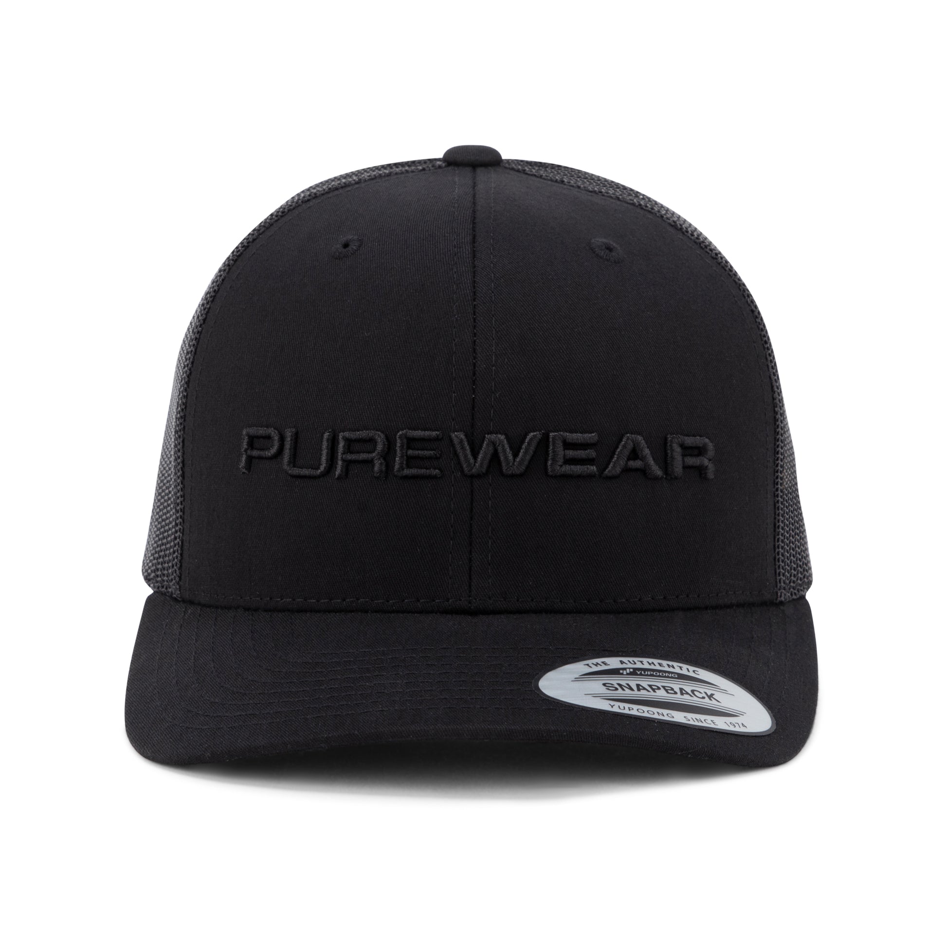 Black cap with 'PUREWEAR' logo on a white background