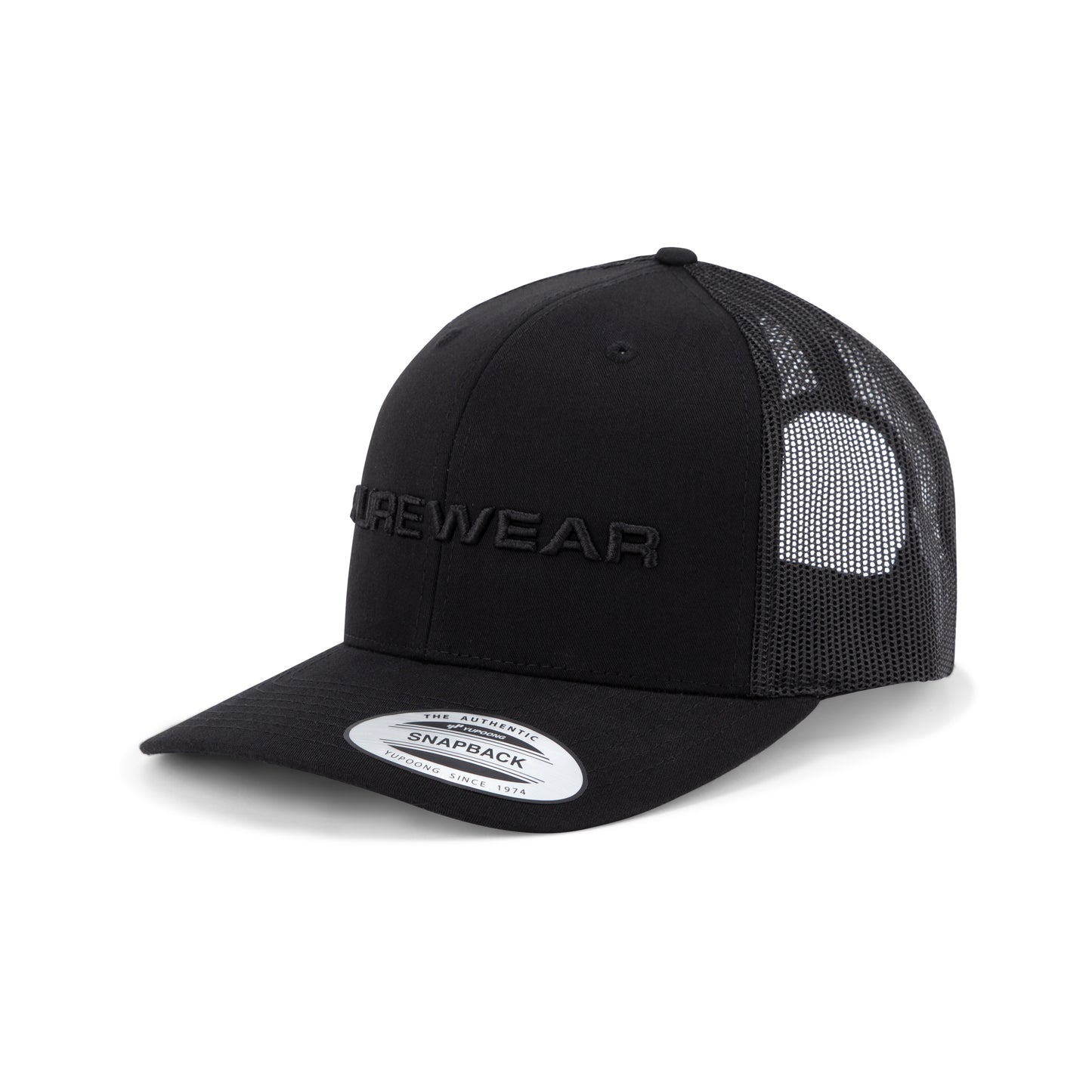 Purewear Black cap with mesh back and brand logo on a white background