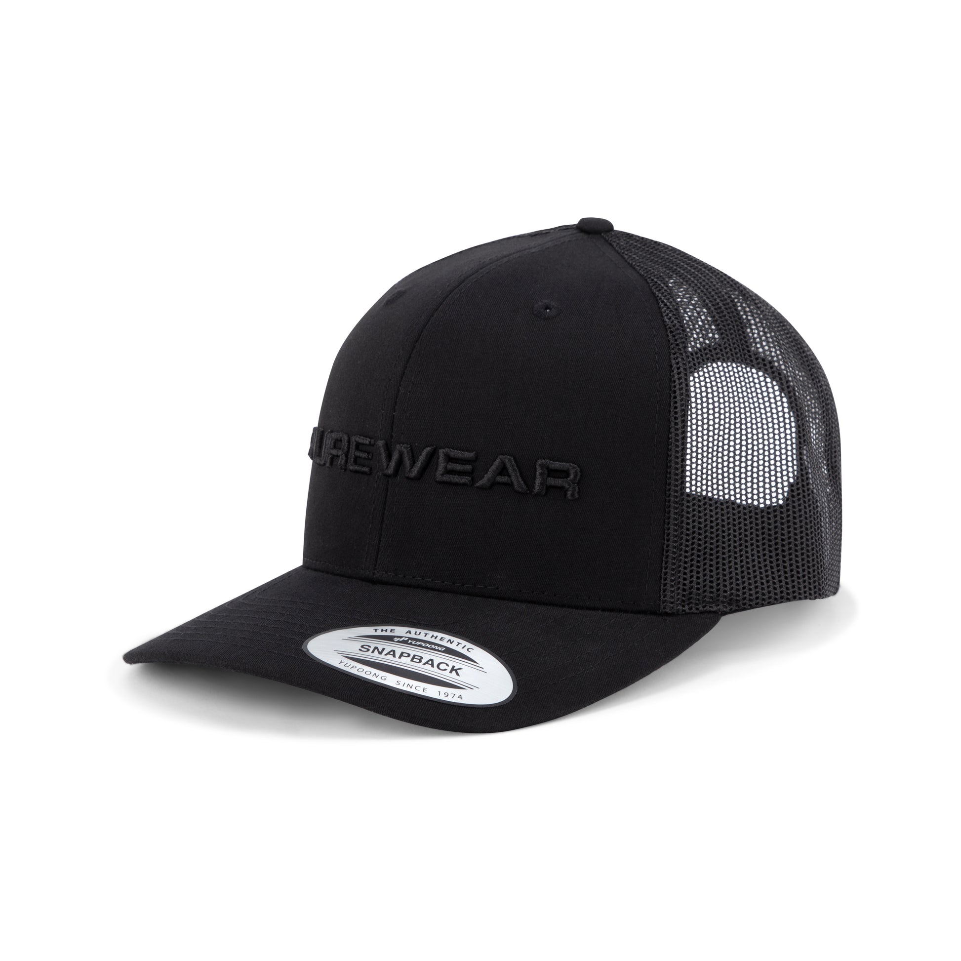 Purewear Black cap with mesh back and brand logo on a white background
