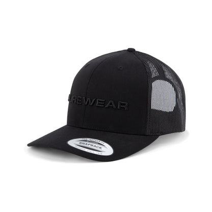 Purewear Black cap with mesh back and brand logo on a white background