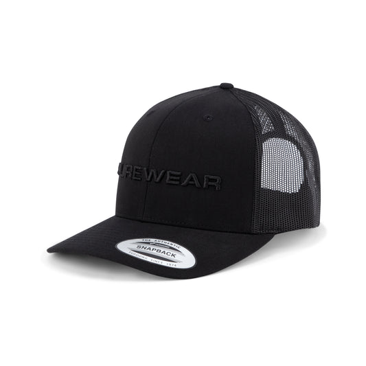 Purewear Black cap with mesh back and brand logo on a white background
