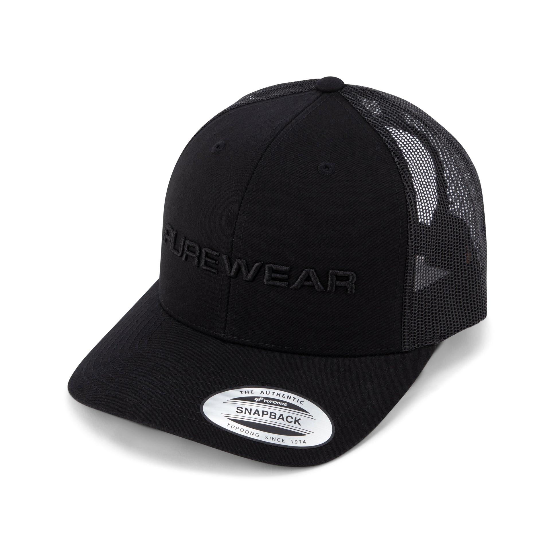 Black snapback cap with 'PUREWEAR' branding on a white background