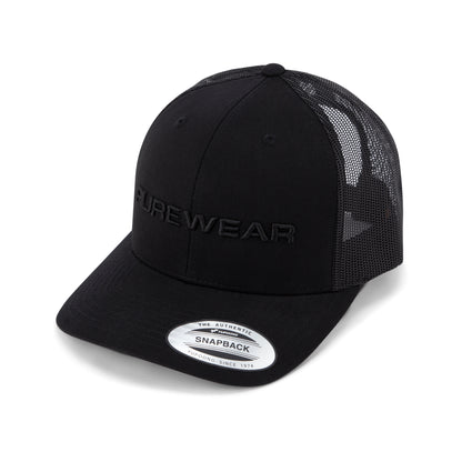 Black snapback cap with 'PUREWEAR' branding on a white background