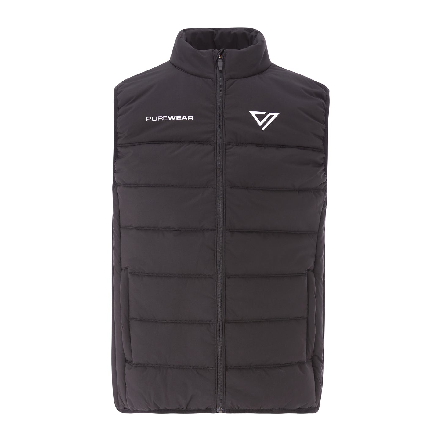 Black puffer vest with 'PUREWEAR' logo on a white background