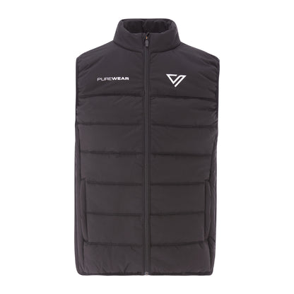 Black puffer vest with 'PUREWEAR' logo on a white background