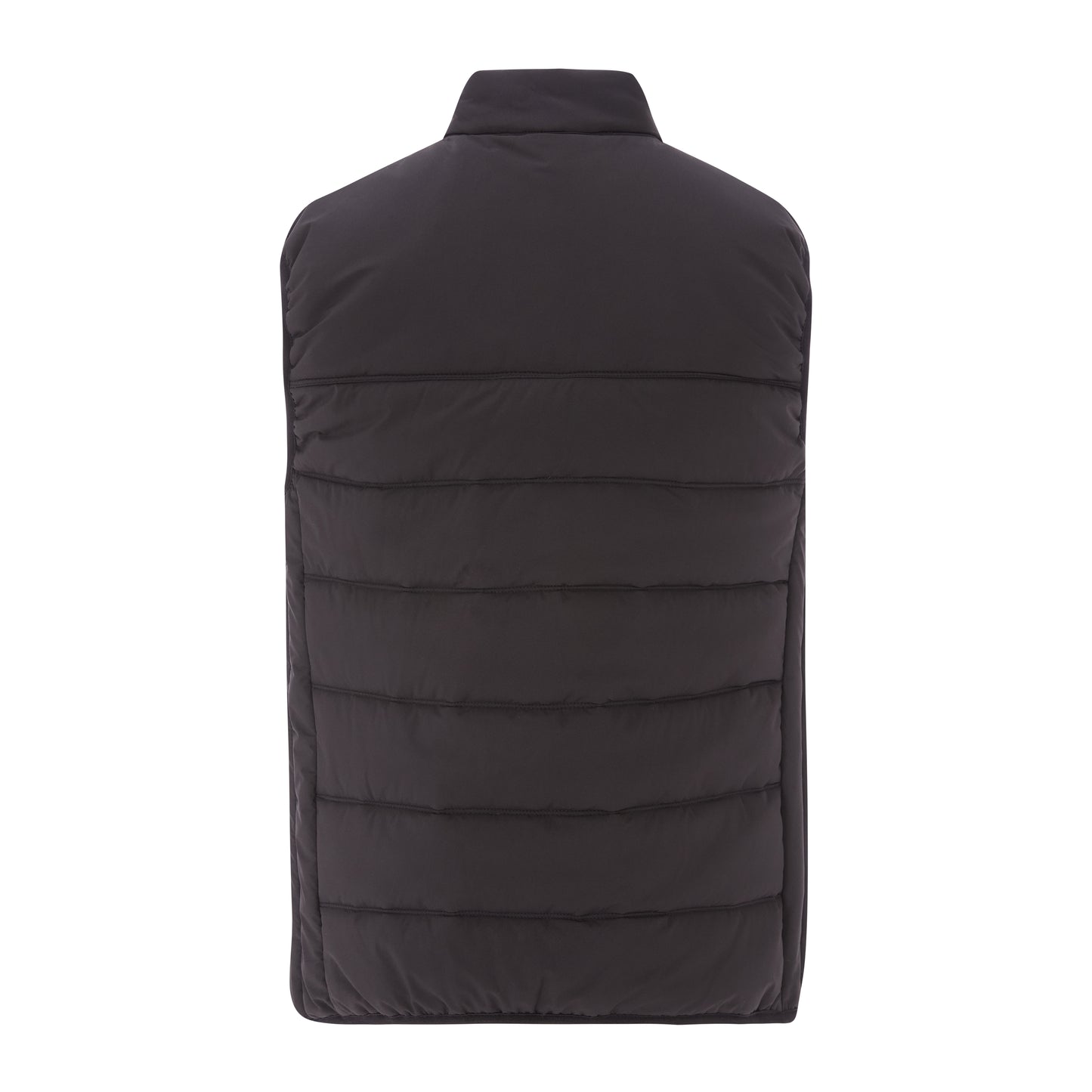 Black puffer vest on a white background
