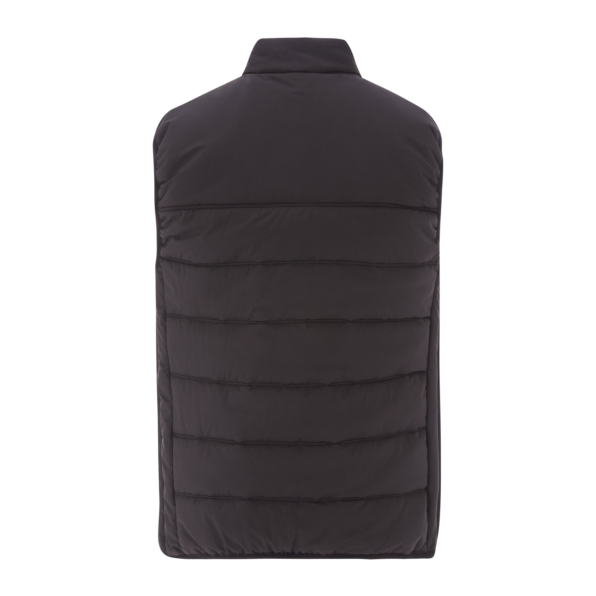 Black puffer vest on a white background