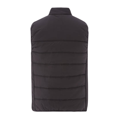 Black puffer vest on a white background