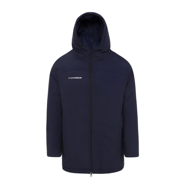 Navy blue jacket with a hood on a white background