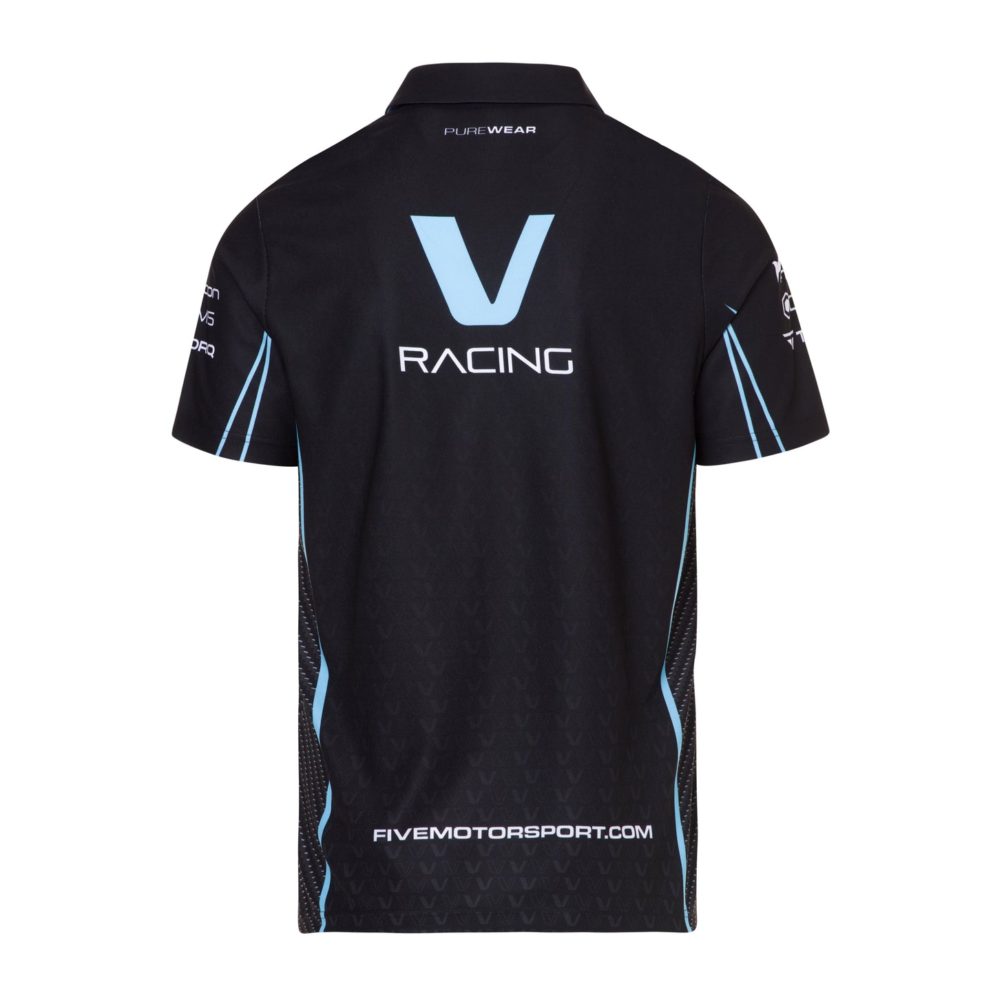 Black racing shirt with 'FIVE Racing' logo on a white background