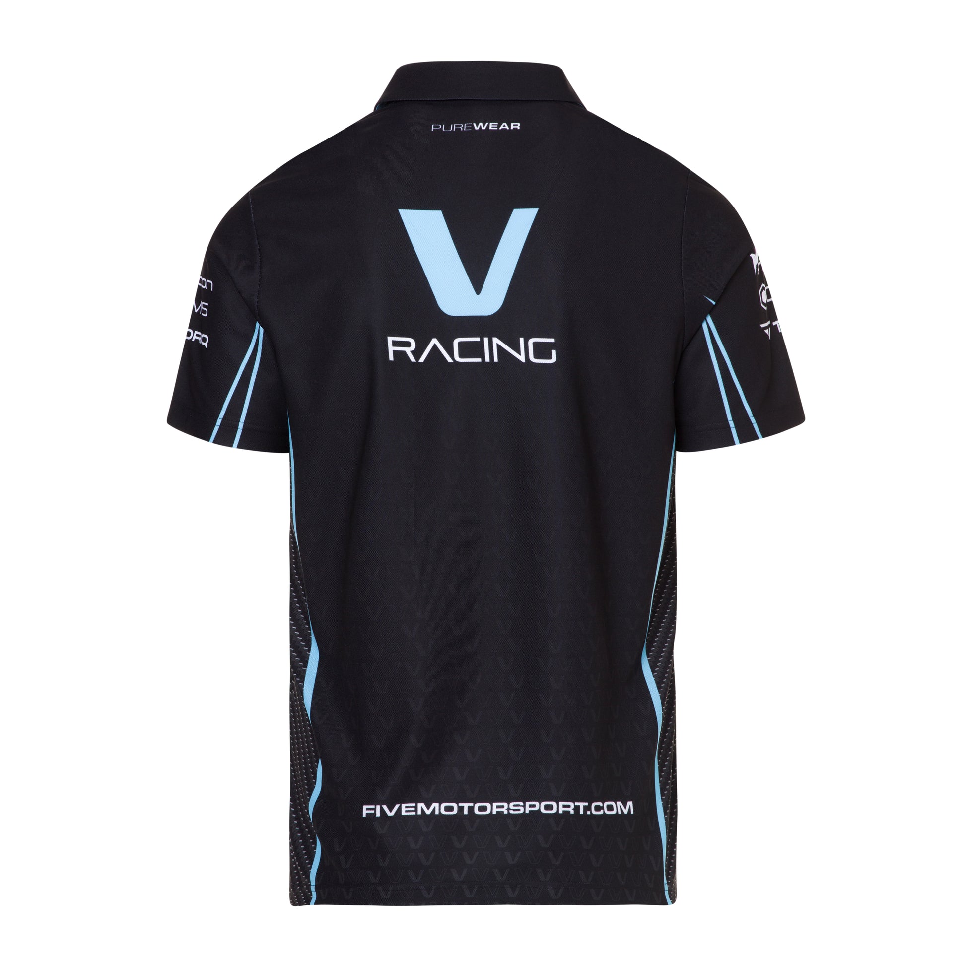 Black racing shirt with 'FIVE Racing' logo on a white background