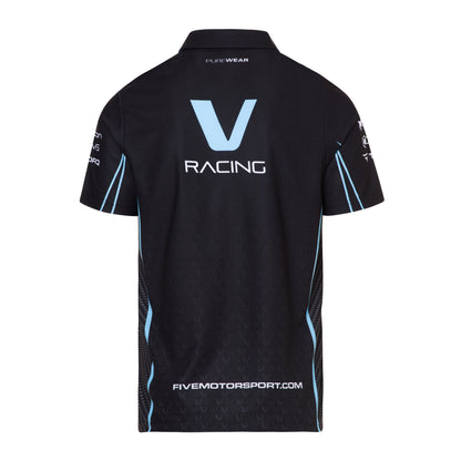 Black racing shirt with 'FIVE Racing' logo on a white background