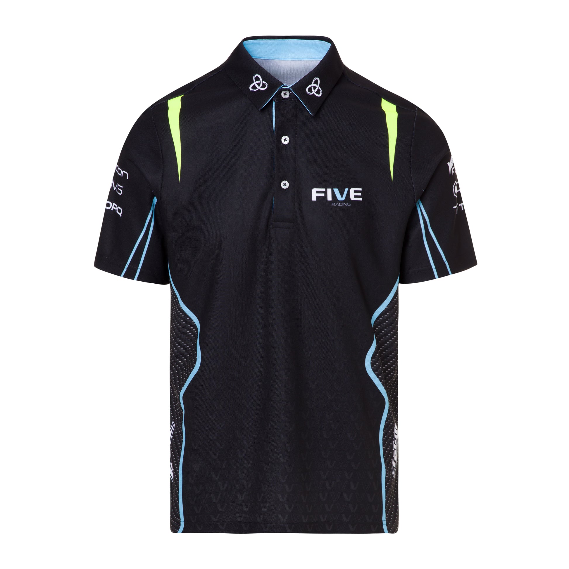 Black polo shirt with blue and green accents on a white background