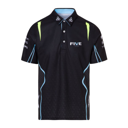 Black polo shirt with blue and green accents on a white background