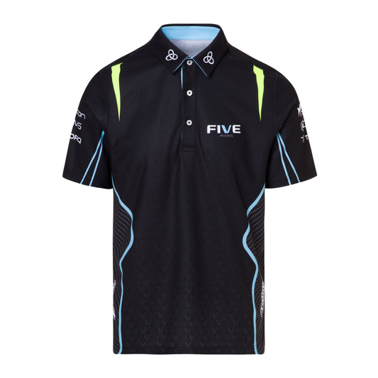 Black polo shirt with blue and green accents on a white background