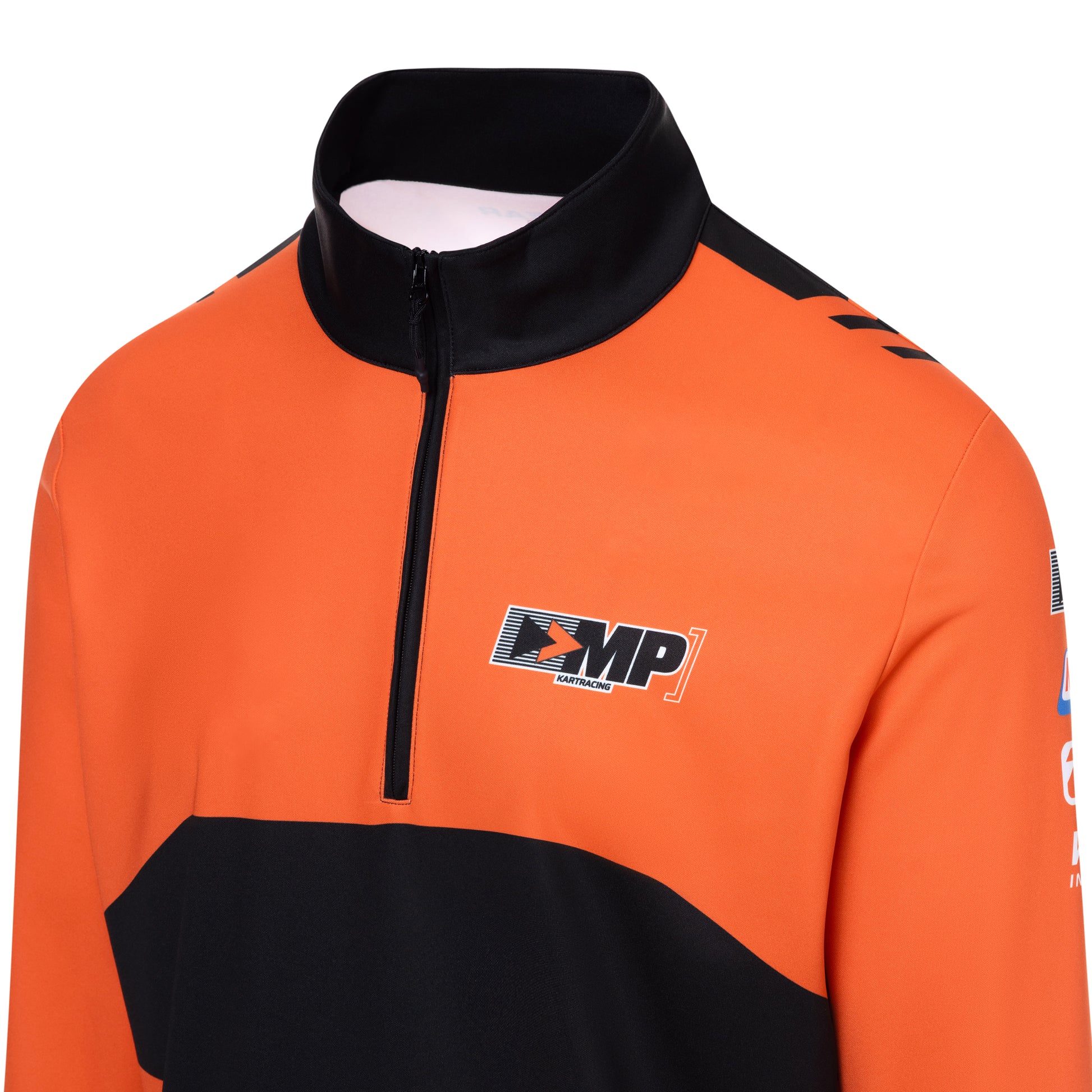 Orange and black jacket with a logo on a white background