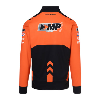 Orange and black jacket with branding on a white background