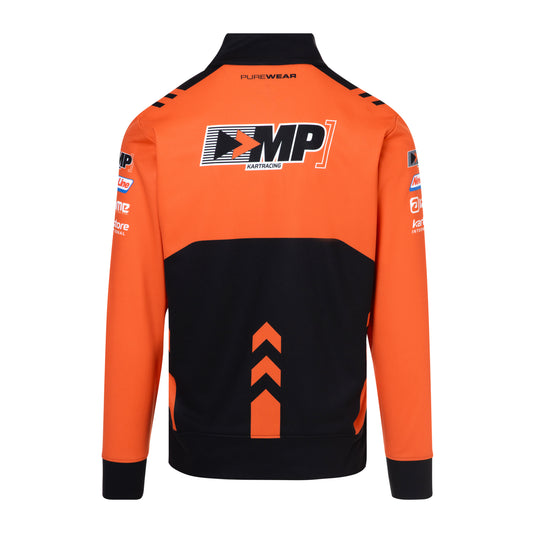 Orange and black jacket with branding on a white background