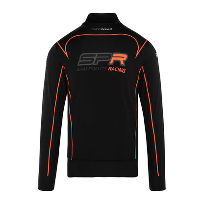 Purewear Black jacket with orange accents and 'Sam Pollett Racing' logo on a white background