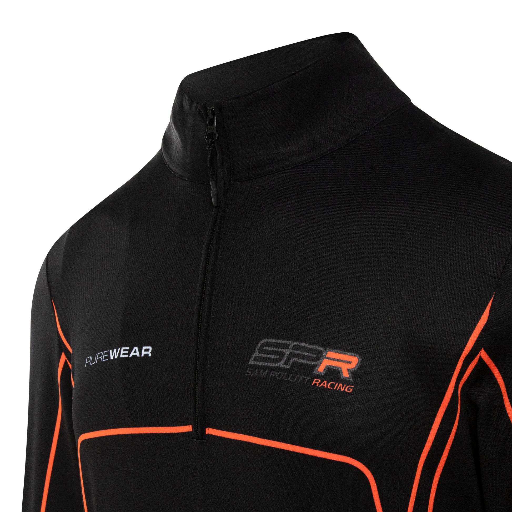 Purewear Black jacket with orange accents and branding on a white background