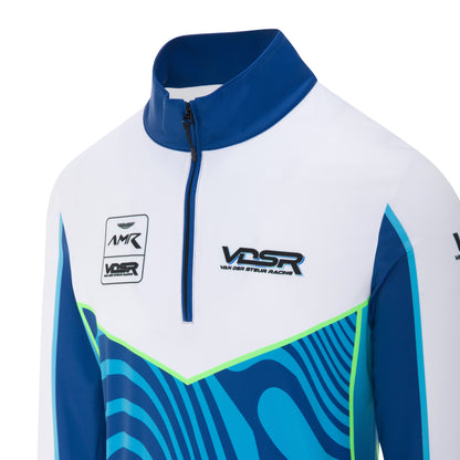 White and blue racing suit with AMK and VDSR branding on a white background