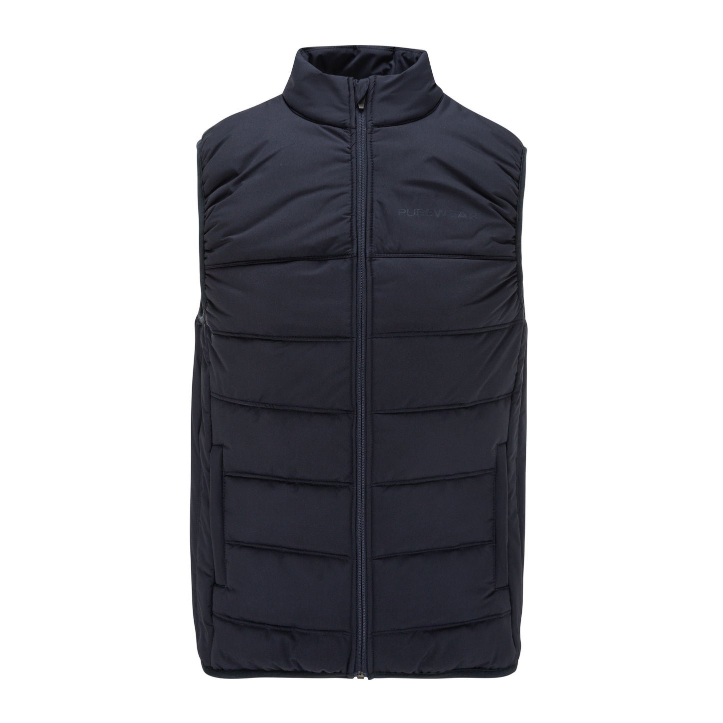 Black puffer vest on a white background