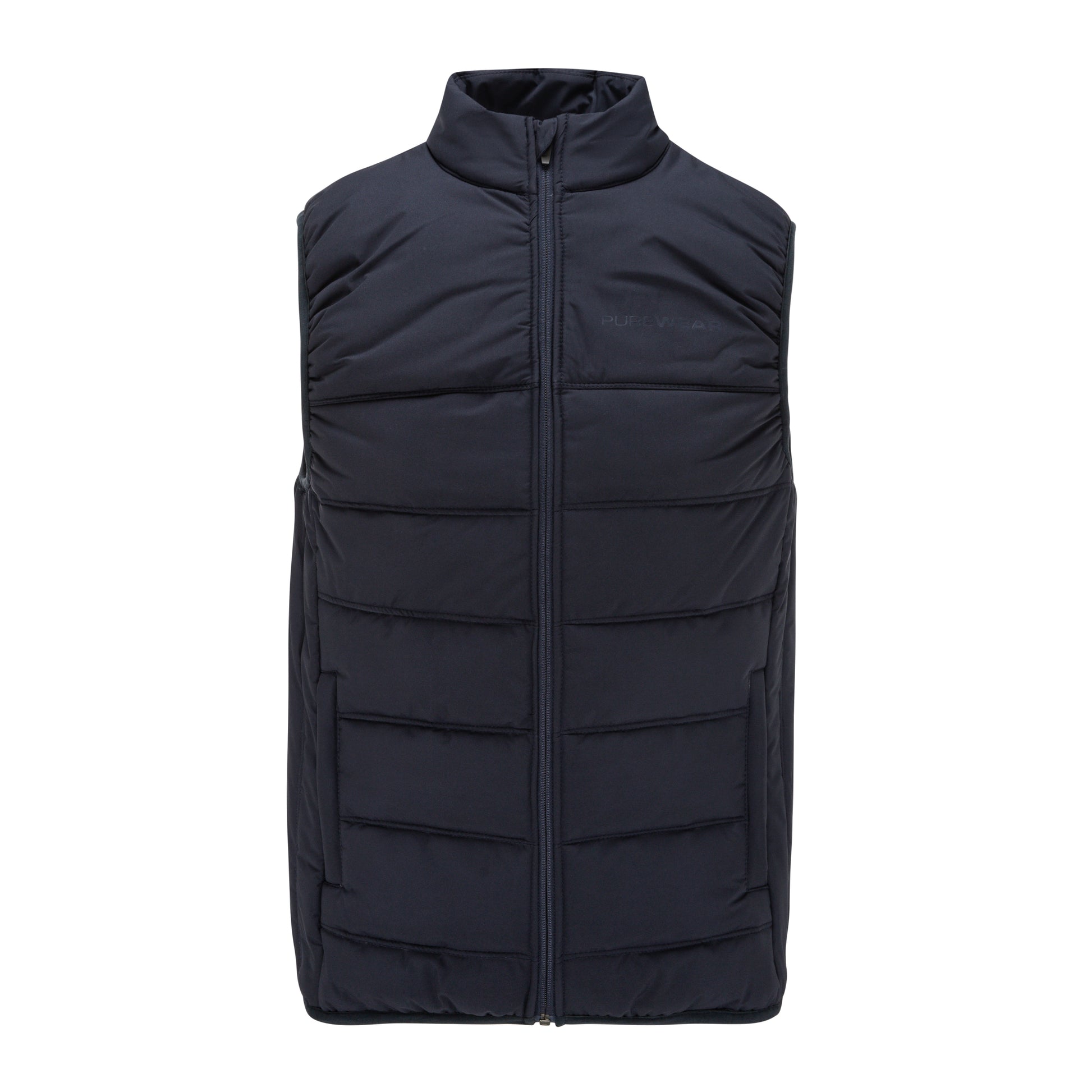 Black puffer vest on a white background