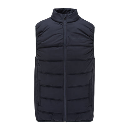 Black puffer vest on a white background