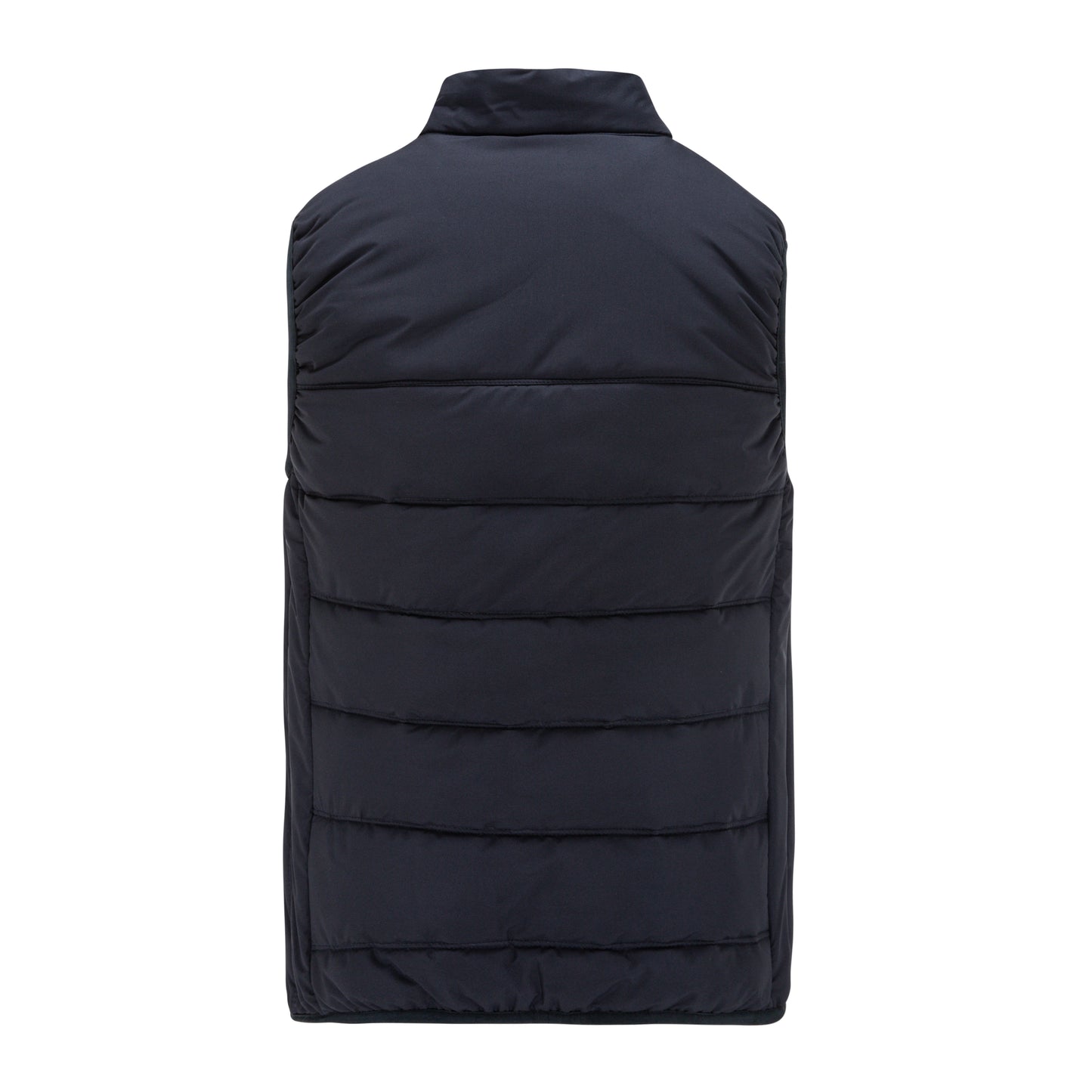 Black puffer vest on a white background