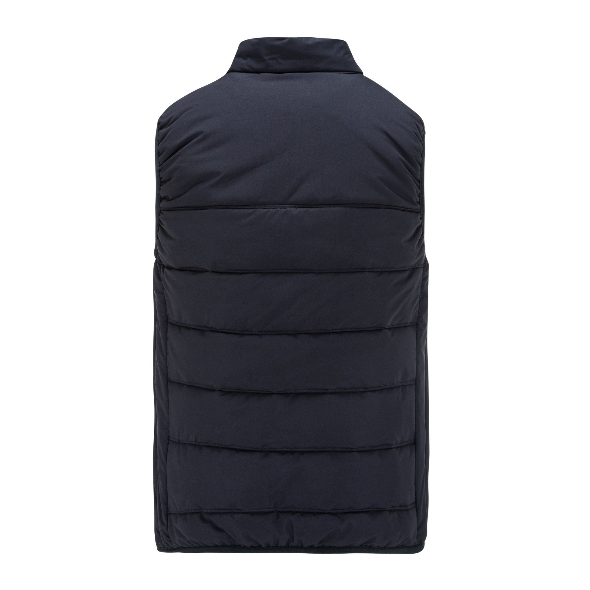 Black puffer vest on a white background
