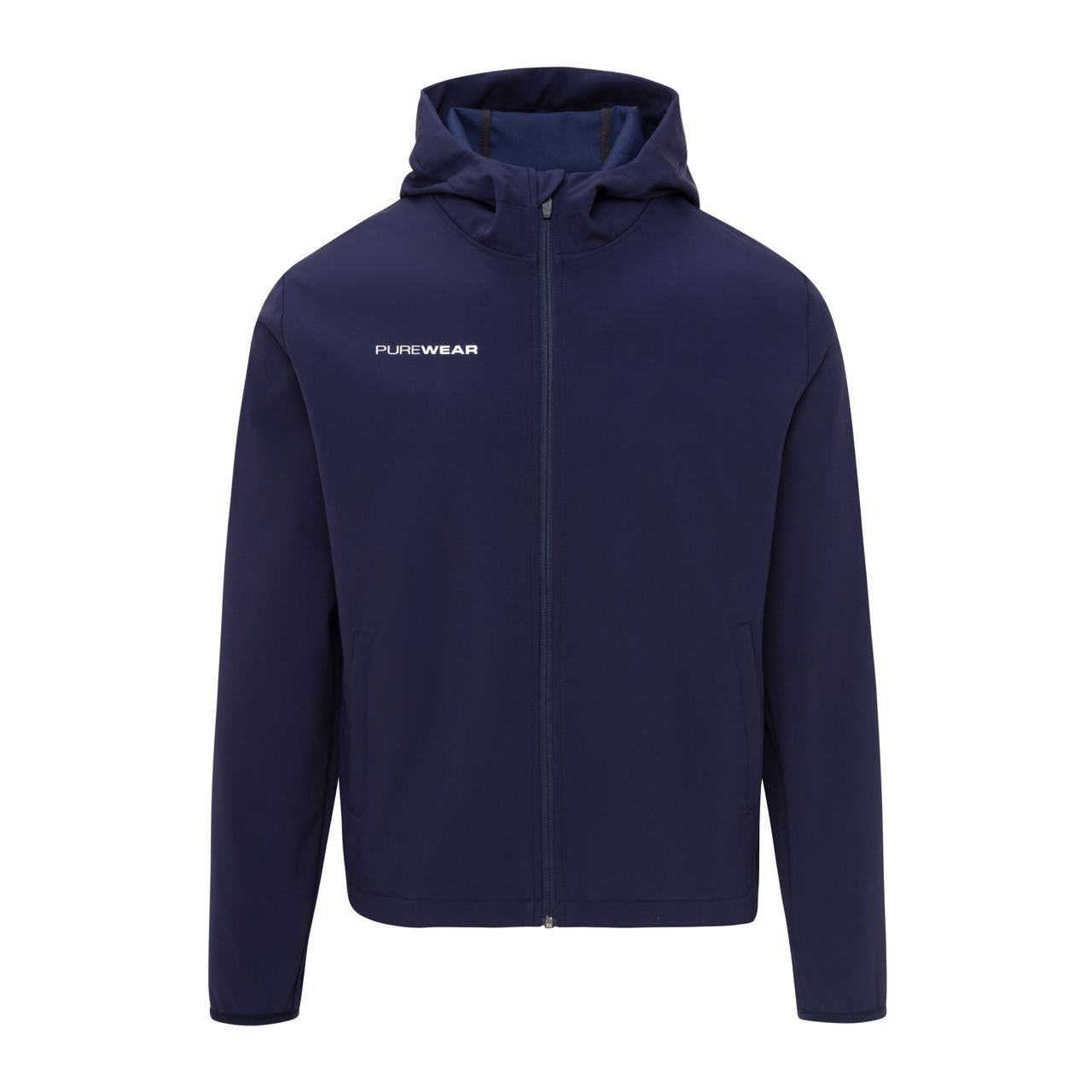 Navy blue rain jacket with 'PUREWEAR' logo on a white background