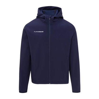 Navy blue rain jacket with 'PUREWEAR' logo on a white background