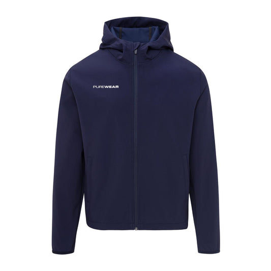 Navy blue rain jacket with 'PUREWEAR' logo on a white background