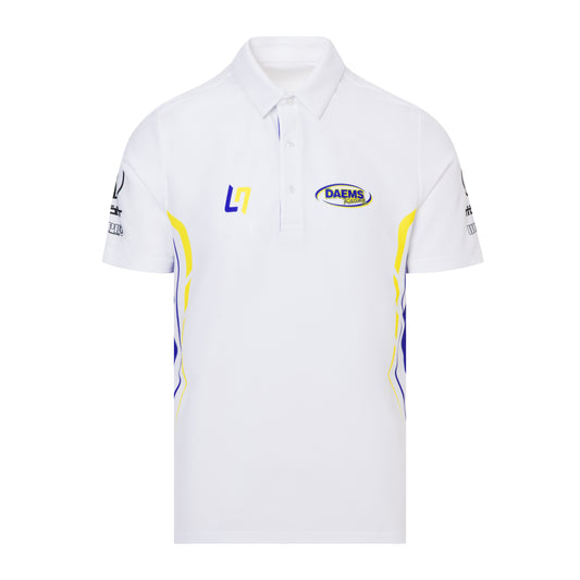 Pure wear White polo shirt with logos on a white background