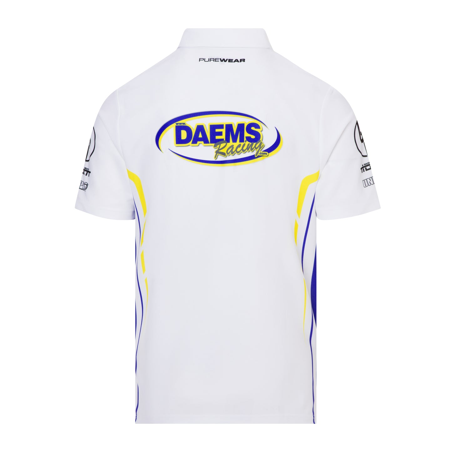 White racing shirt purewear with 'DAEMS Racing' logo on a white background 