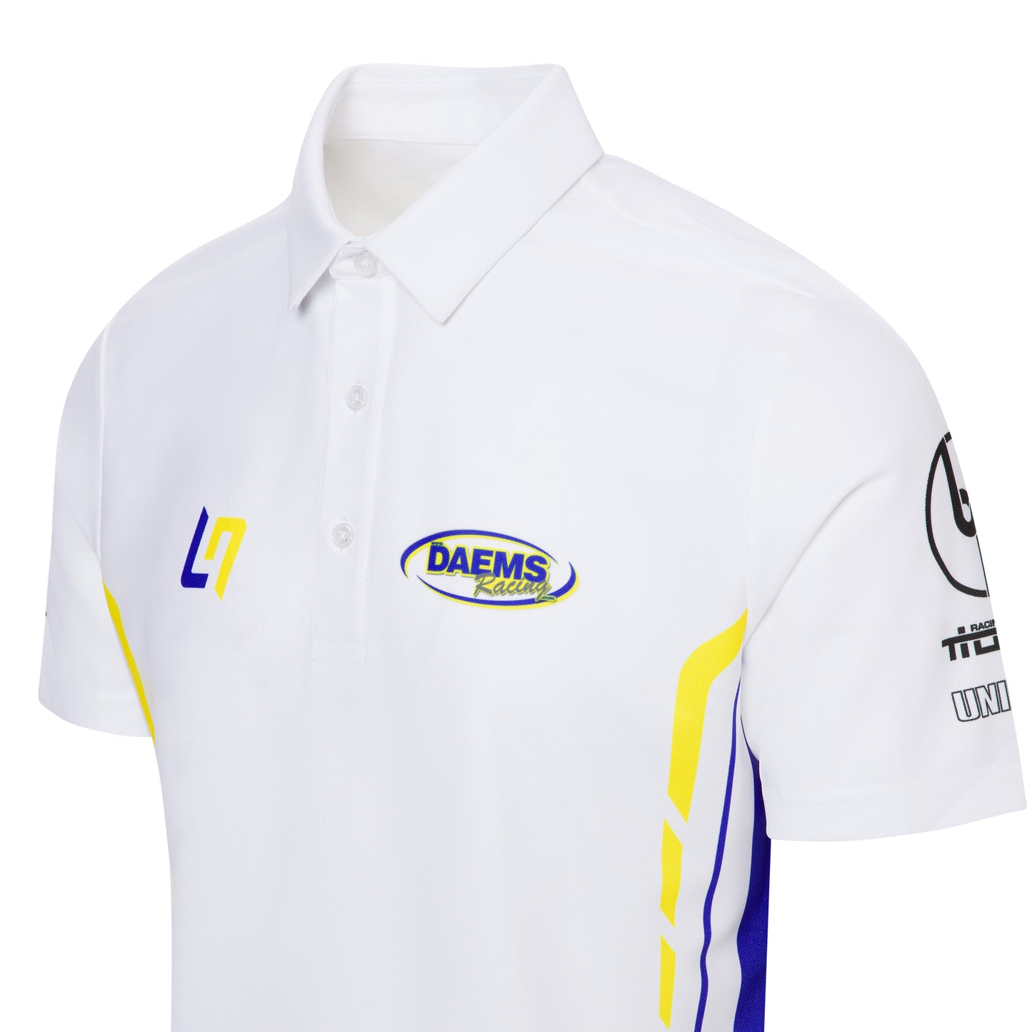 Purewear White polo shirt with racing team logos on a white background