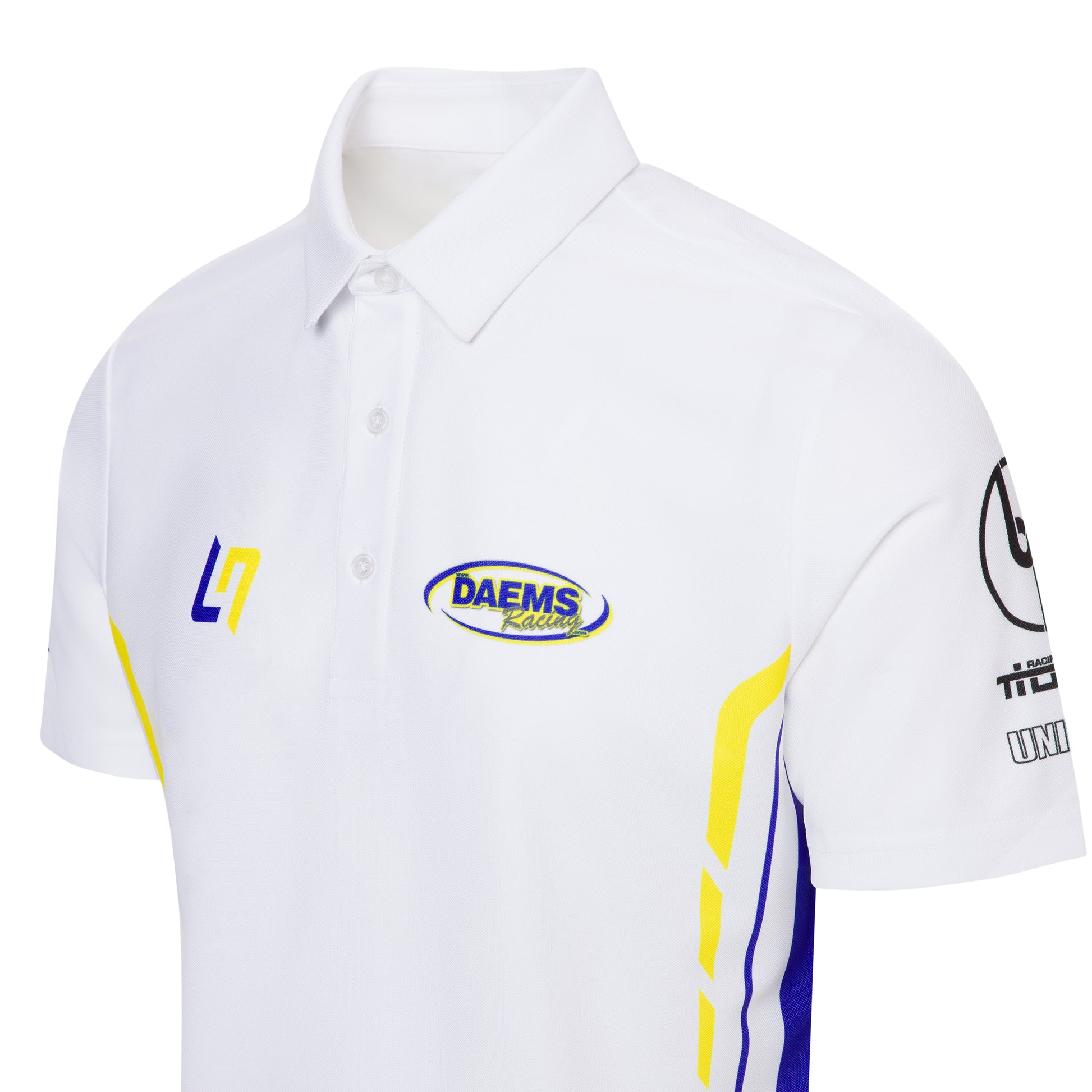 Purewear White polo shirt with racing team logos on a white background