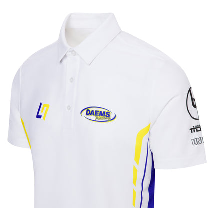 Purewear White polo shirt with racing team logos on a white background