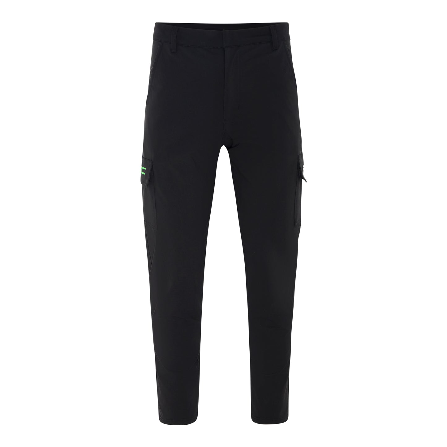 Black pants with a small green logo on a white background by purewear