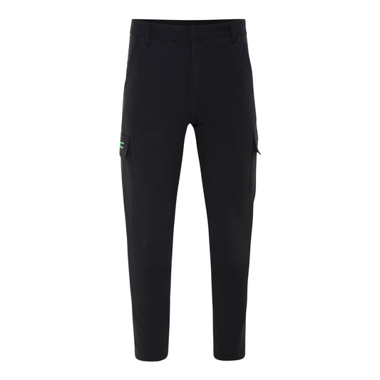 Black pants with a small green logo on a white background by purewear