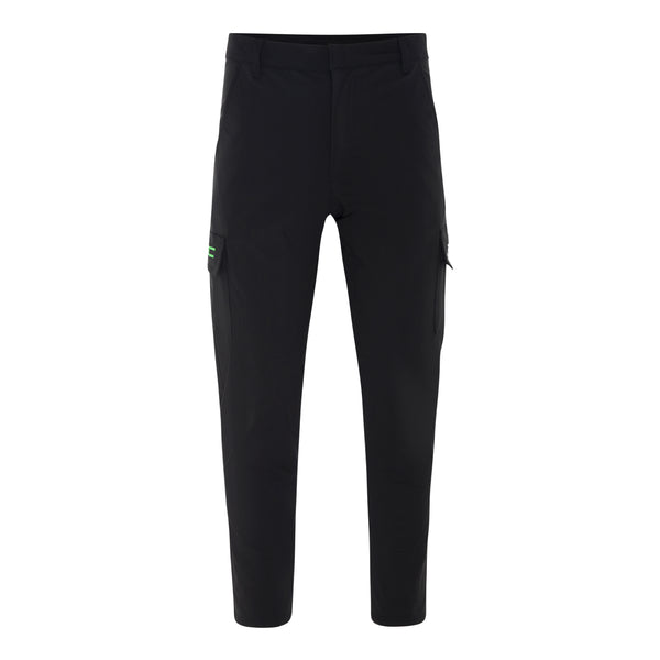 Black pants with a small green logo on a white background by purewear