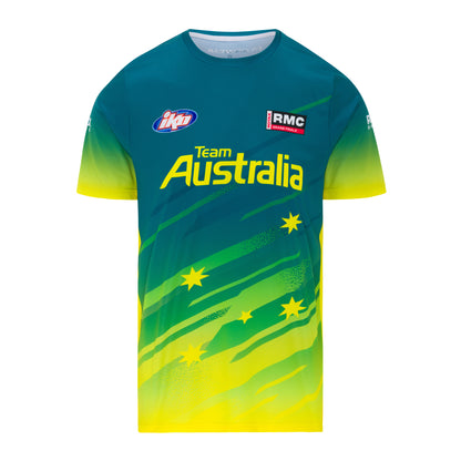 A short-sleeved T-shirt with a graphic print representing Team Australia, featuring green and yellow colors with stars and the team's logo.