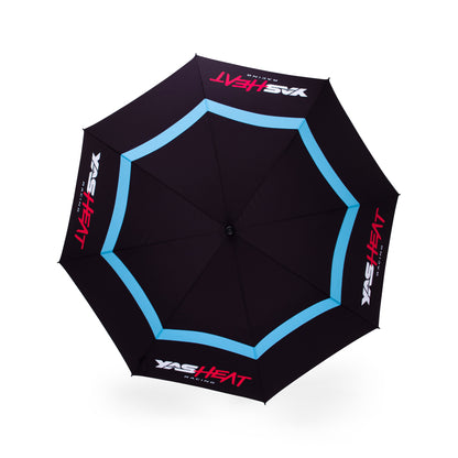 Purewear Black umbrella with blue rim and red text on a white background